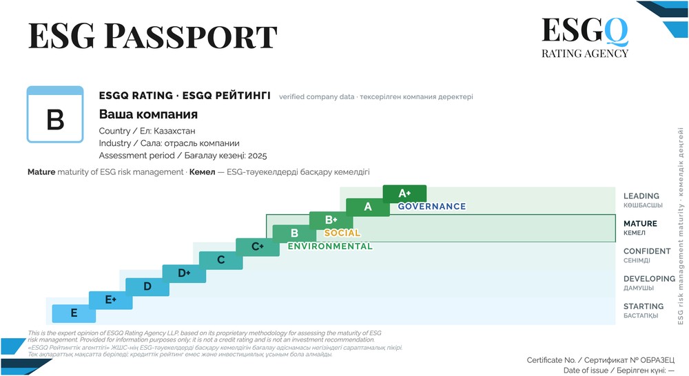 Образец ESG Passport: итоговая буква, лестница зрелости из десяти ступеней от E до A+, положение компонентов E, S и G