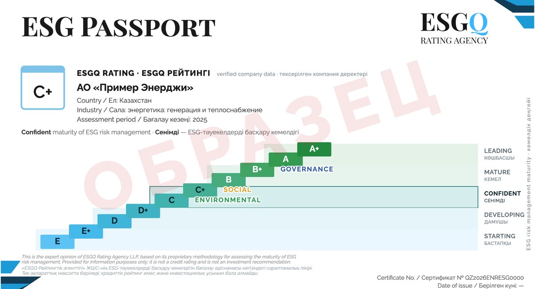 Лицевая сторона ESG Passport: итоговая буква C+, лестница из десяти ступеней от E до A+, положение аспектов E, S и G, отрасль, период и номер сертификата